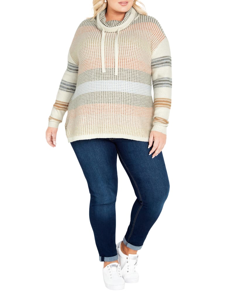 Front of a model wearing a size 18/20 SWEATER FELIX in Ivory Combo by avenue. | dia_product_style_image_id:320331